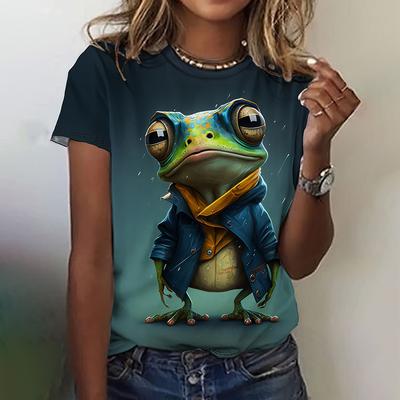 Camiseta Animal con Estampado de Rana Divertido Personalizada para Mujer Casual Cómoda Cuello Redondo Manga Corta Talla Grande