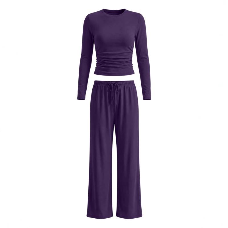 Womens Solid Color Casual Long Sleeve Top Pants Set Streetwear