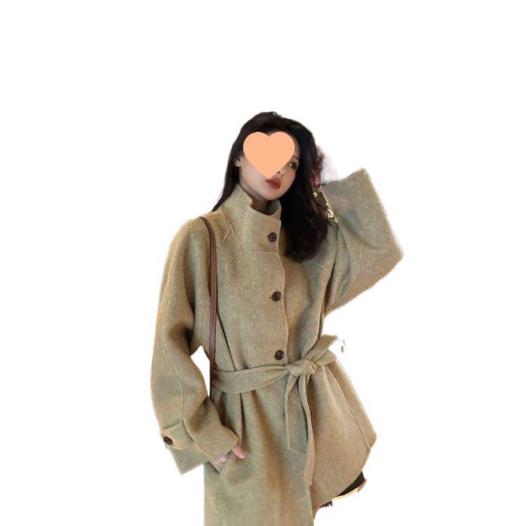 Koreaanse wollen jas voor dames - Herfst/winter, opstaande kraag, petite, losvallende bovenkleding