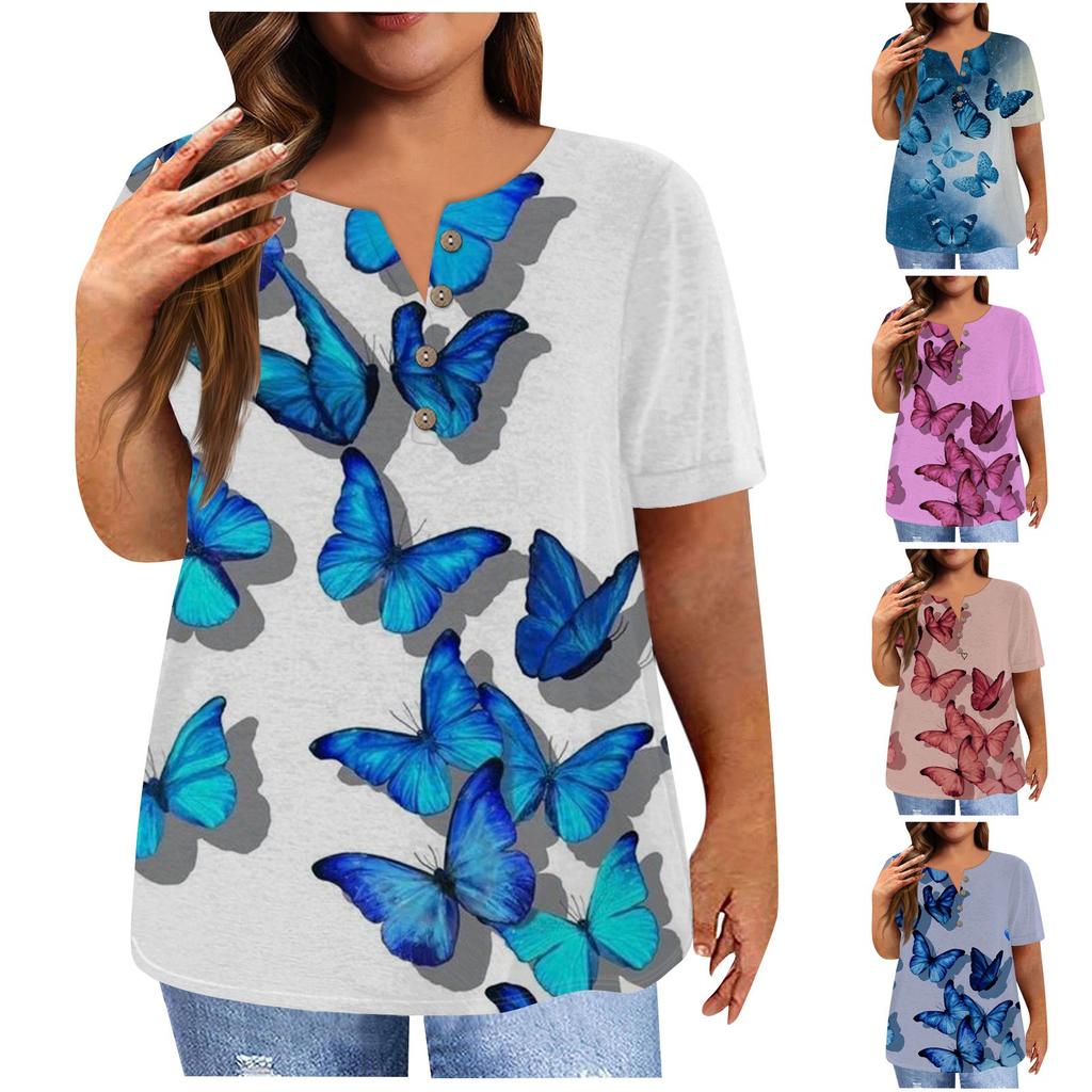 Dámské tričko s krátkým rukávem s knoflíkem a tričkem větší velikosti s květinovým potiskem