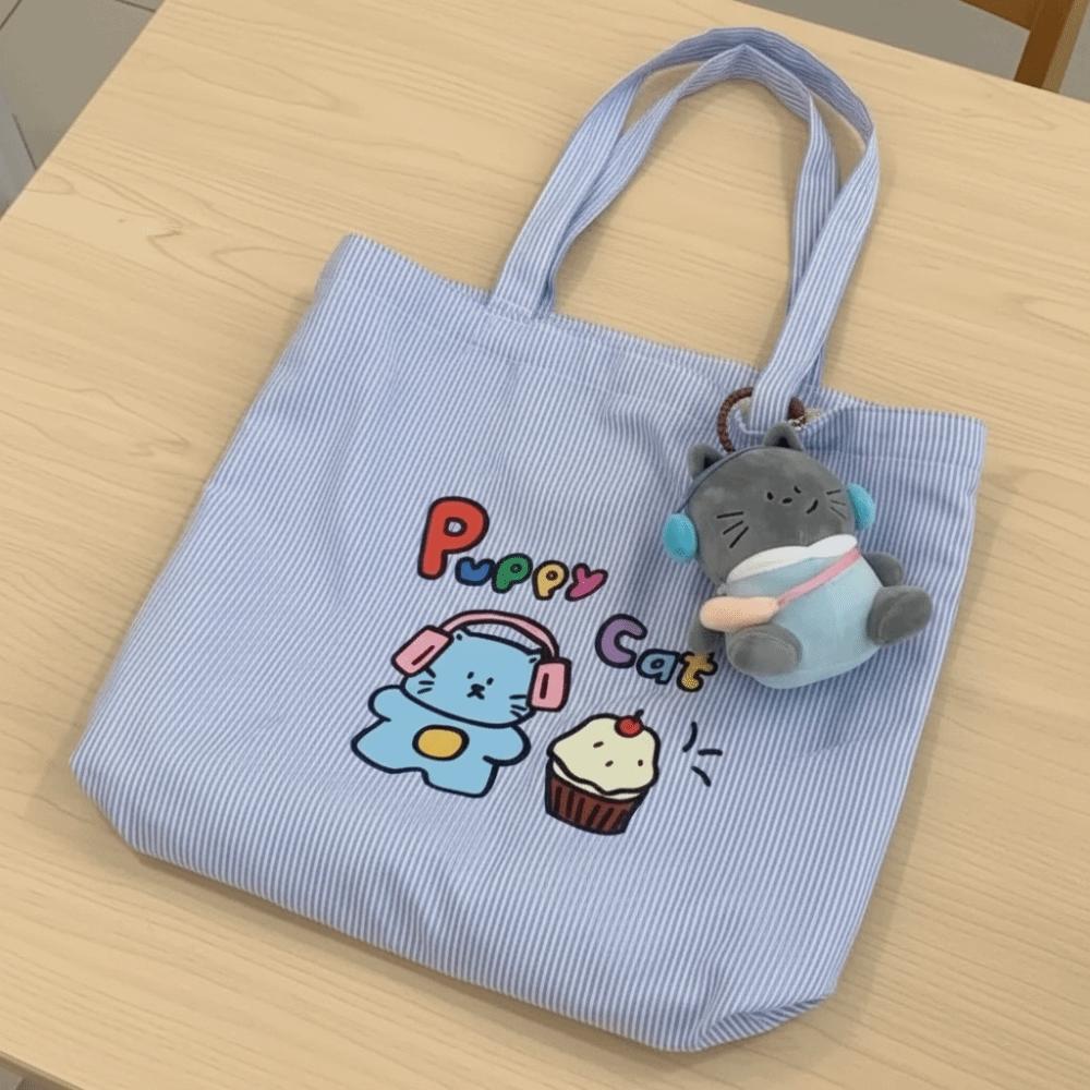 Cute Canvas Cat Paintings Handbags Large Capacity Casual Cartoon Canvas Bag Lightweight Shoulder Bag Students Casual