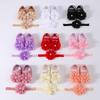 2Pcs Baby Girls Chiffon Floral Crib Shoes & Matching Elastic Headband Set, Soft Dot Anti-Slip Satin Mary Jane Princess Shoes Newborn