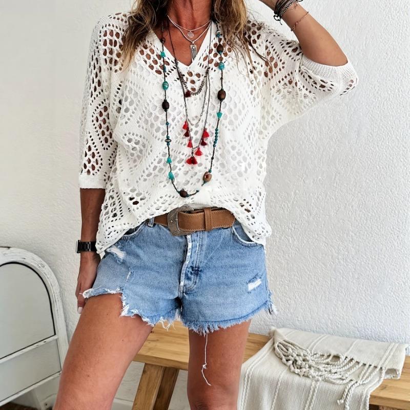 Women S Solid Color Knit Sweater Loose Fit Round Neck 3 4 Sleeve Casual Top