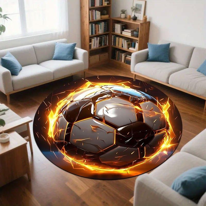 Fire Flame Football Theme Flannel-printed round floor mats are slip-resistant Suitable for living bedroom terrace garden carpets
