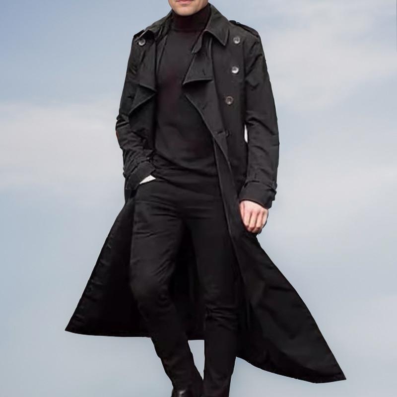 Men's Long Sleeve Longer Solid Colour Trench Coat Fashion Long Sleeve Lapel Casual Jacket