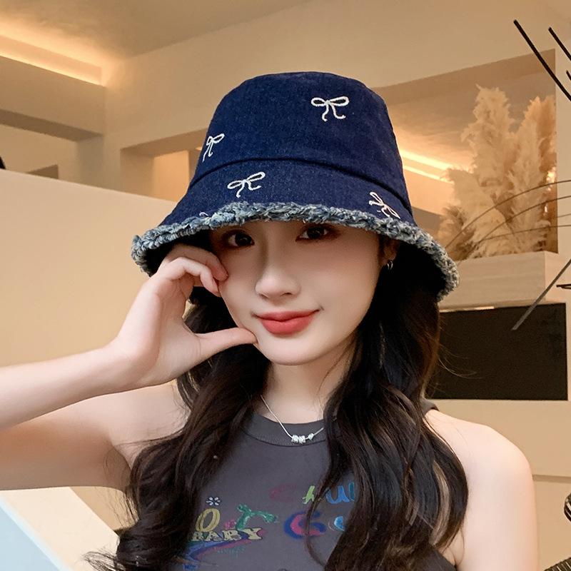New denim rough edge bucket hat women's versatile embroidered bow basin hat show face small temperament sun hat