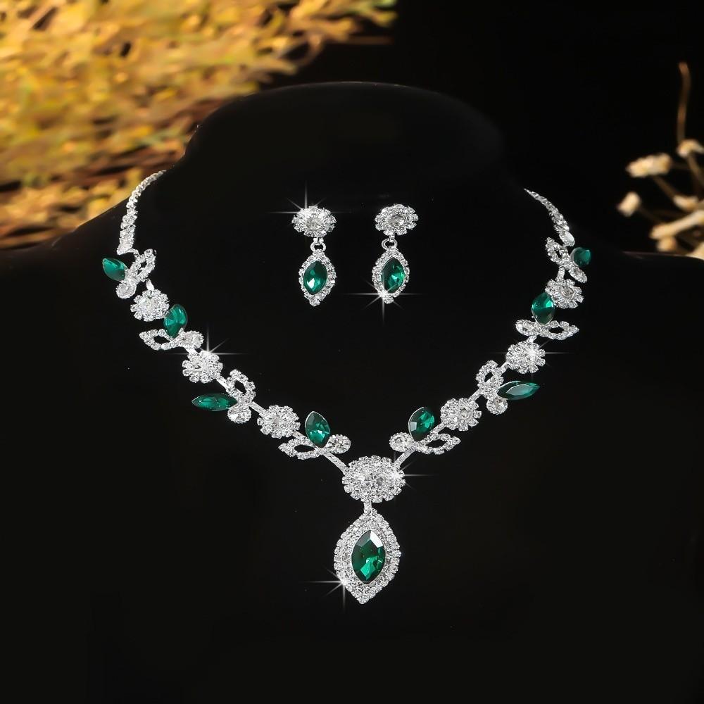 Rhombus Necklace Earrings Three-piece Set Fringed Luxury Rhinestone Jewelry Wedding