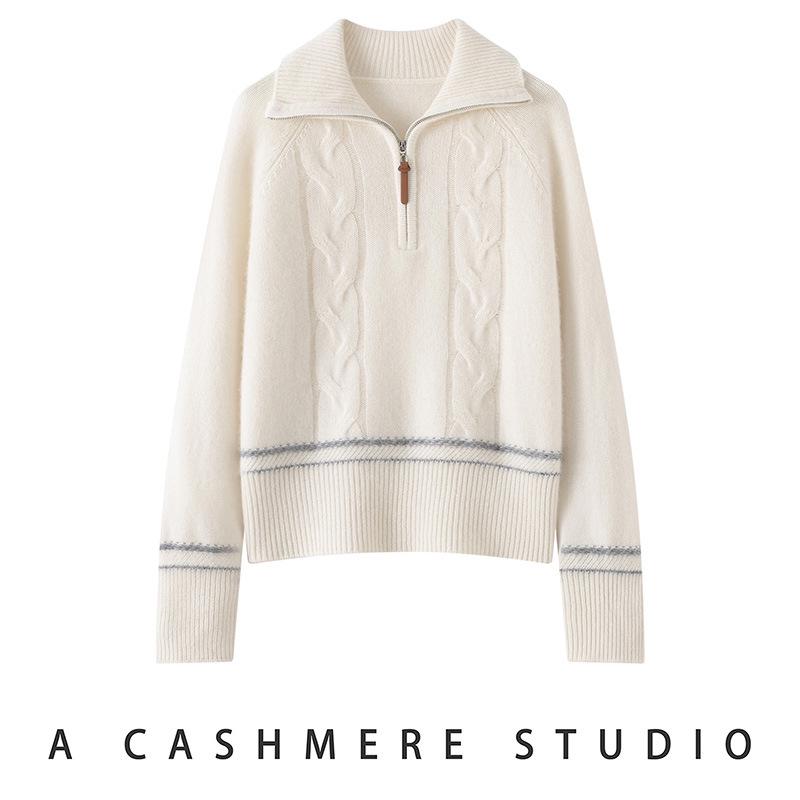 Lekasha Women's High Neck Cable Knit Cashmere Sweater - Warm for Autumn & Winter, White