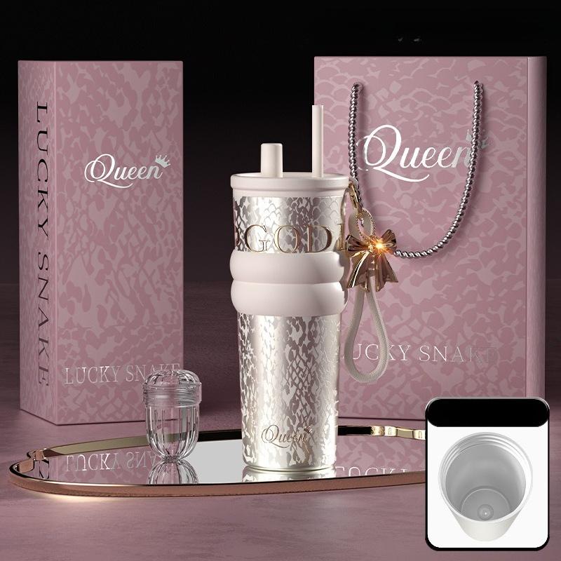 710ml Travel Thermos with Straw and Leak-Proof Lid Stainless Steel Metal Water Bottle for Hot and Cold Coffee Drinks