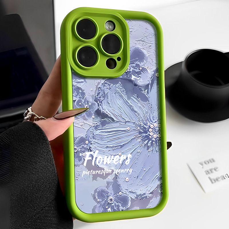 Candy Color Tpu Soft Phone Case for iPhone 16 Pro 15 14 Plus 13 12 11 Pro Max Xs Xr 8 7 Shockproof Relief Blue Flower Pattern Lens Protection Cover