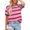 Womens Striped Contrast Color Loose Round Neck Short Sleeve Casual T Shirt