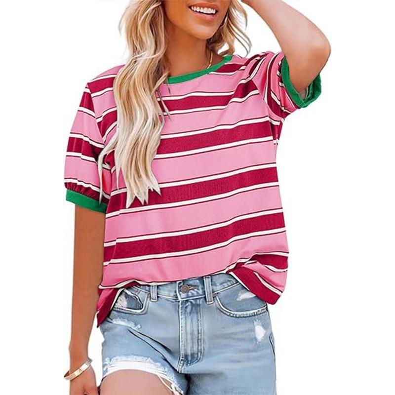 Womens Striped Contrast Color Loose Round Neck Short Sleeve Casual T Shirt