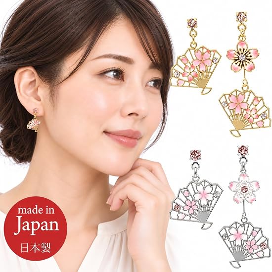 [Jewelry Shop M] Women's Earrings, Titanium Post, Cherry Blossom & Folding Fan, Asymmetrical, Hypoal