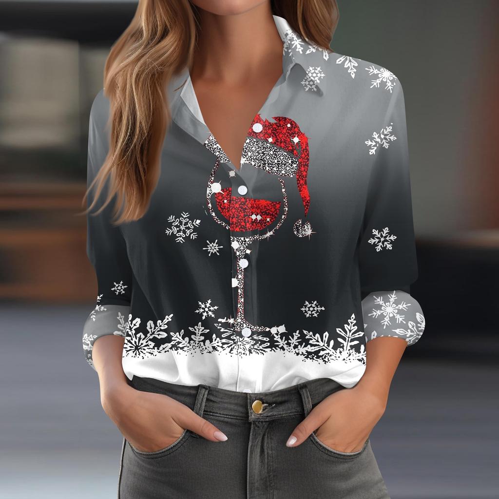 Women's Christmas Print Long Sleeve Casual Button Down Shirt Top
