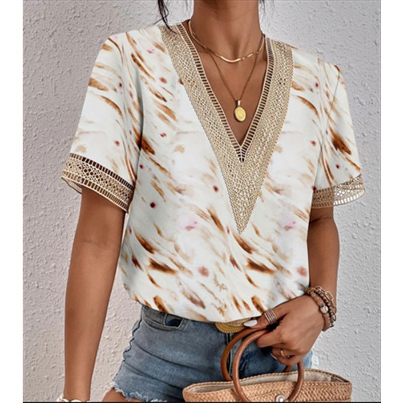 2Wish Women's Collar Lace Loose Top Commuter Short Sleeve Shirt Women's Style