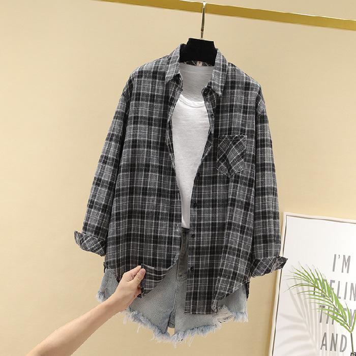 Women's Retro Plaid Cotton Shirt - Korean Style Loose Long Sleeve Outerwear for Spring and Autumn 2021