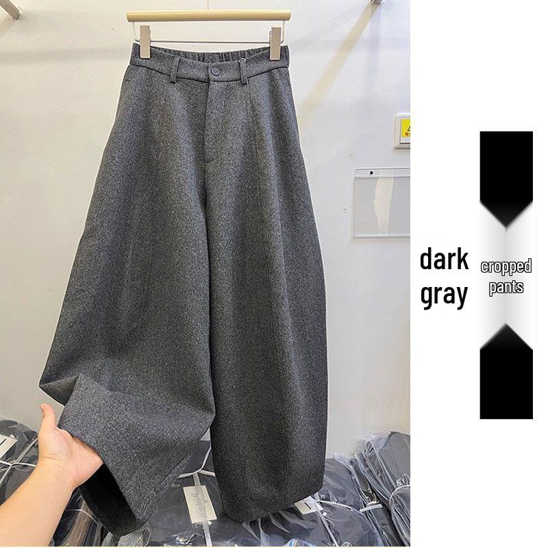 European-Style Petite Dark Grey Wool High-Waisted Casual Trousers for Women