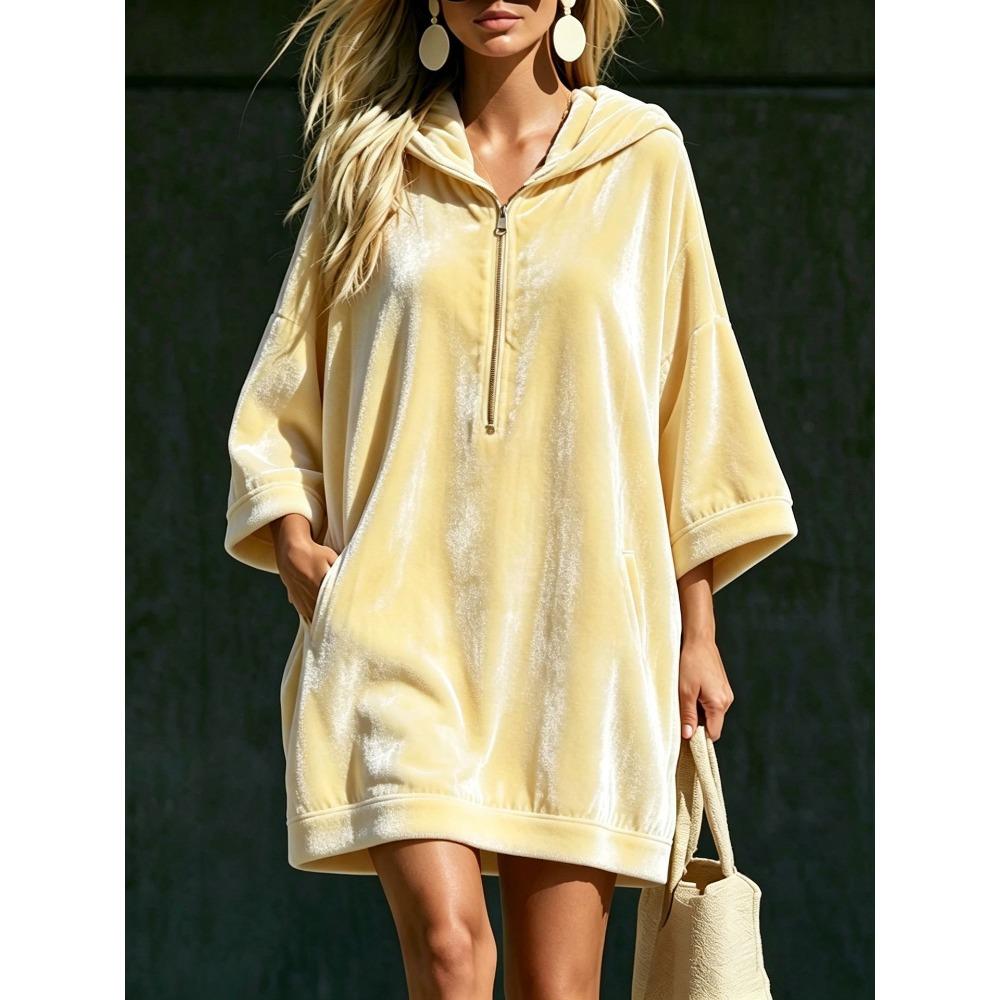 Autumn Winter Velvet Hooded Dress Half Zip 3/4 Sleeve Pocket Long Sweatshirt Dress Women Casual Hoodie Midi Dress