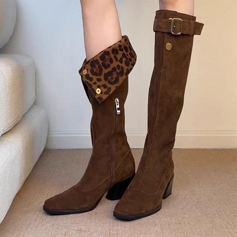 

Women Leopard Knee High Boots Sexy High Heels Shoes Winter Warm Long Boots New Suede Pumps Chunky Chelsea Boots Snow Botas 35 кофейный