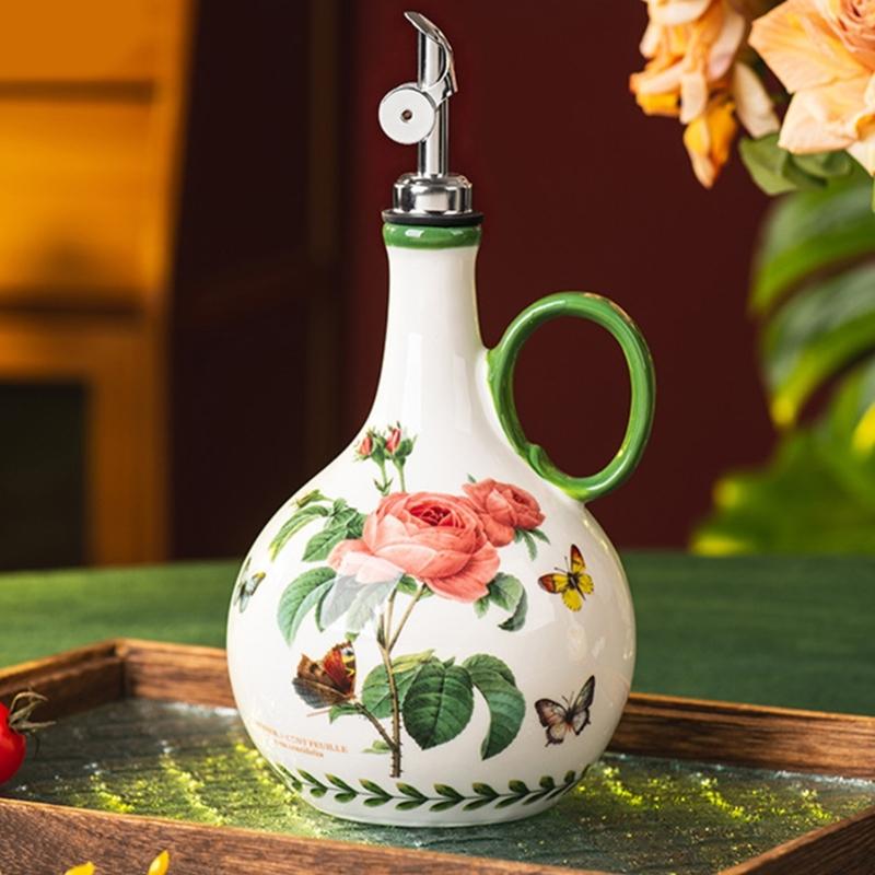 Ceramic Kitchen Oil Bottle with Easy Grip and Metal Pour Lid, Counter Dispenser for Everyday Home Cooking and Display