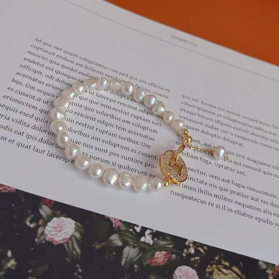 High Quality Gold Plated Wealth Bracelet with 6-7MM Baroque Freshwater Pearl Cute Style Money Buckle for Parties and Gifts 16cm белый