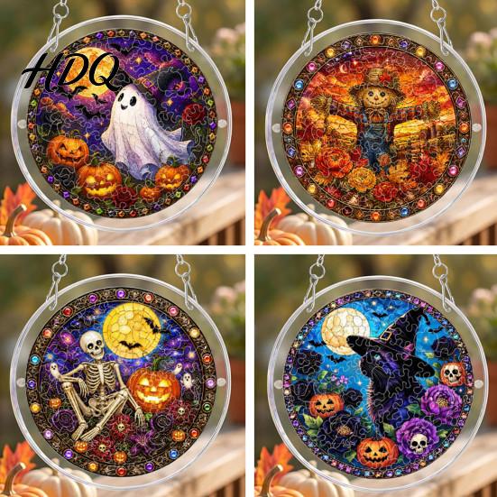 Colorful Light Catcher Acrylic Jigsaw Puzzle Suncatcher, Stained Glass Style Halloween Skeleton Ghost Suncatcher Sun for Gothic Window Wall