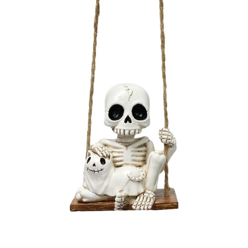 Halloween Creative Resin Ornament - Skull and Cat on Swing Design Unique Spooky Decoration Figurine for Home Party Decor