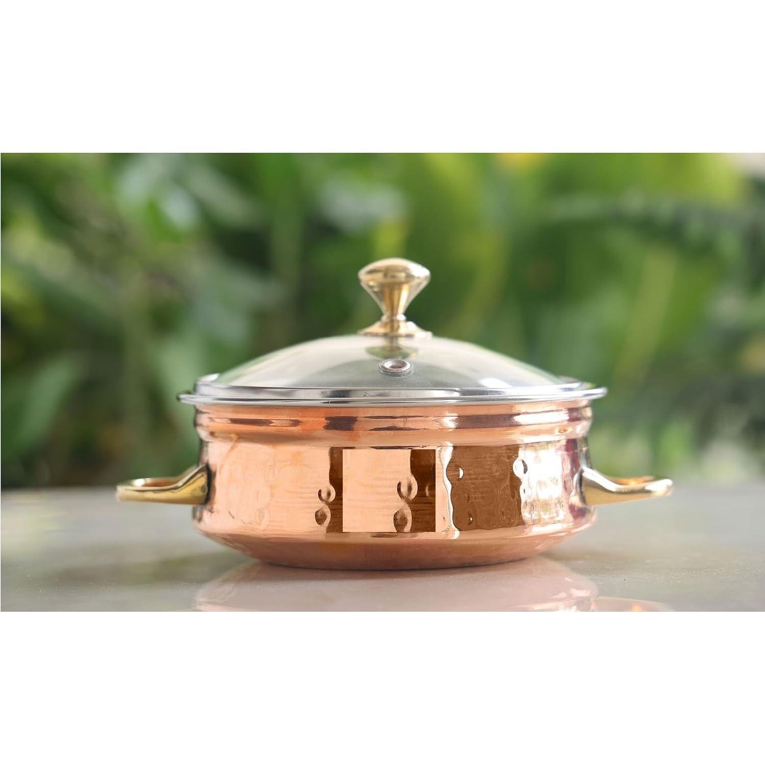 

Steel Copper Handi with Brass Handle & Glass Lid No. 3, Serveware Casserole with Handle (Volume - 700 ml)