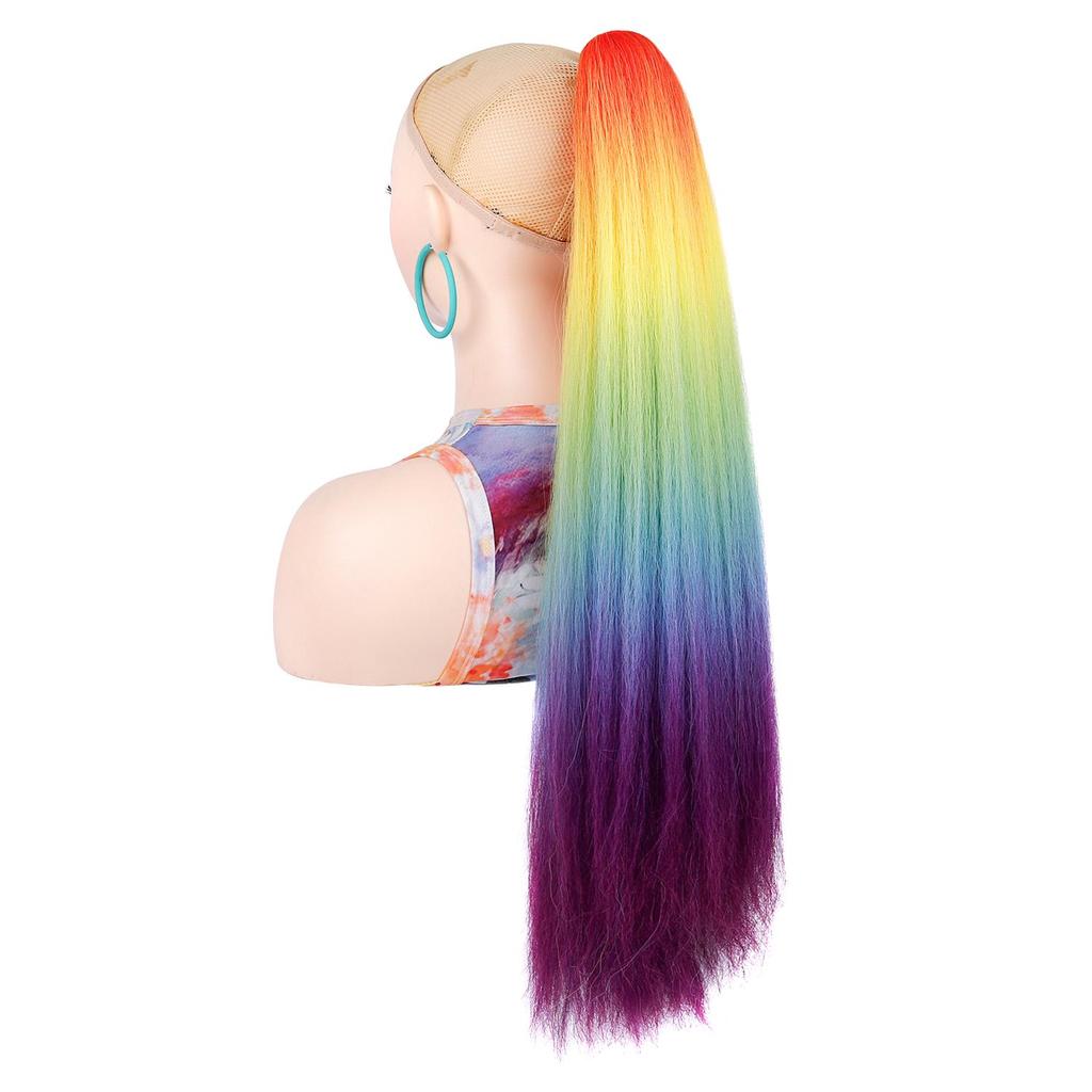 Ponytails Hair Extension Long Yaki Straight Hair Ponytail Rainbow Color Hairpiece Claw Clip on Hair Tail for Ladies