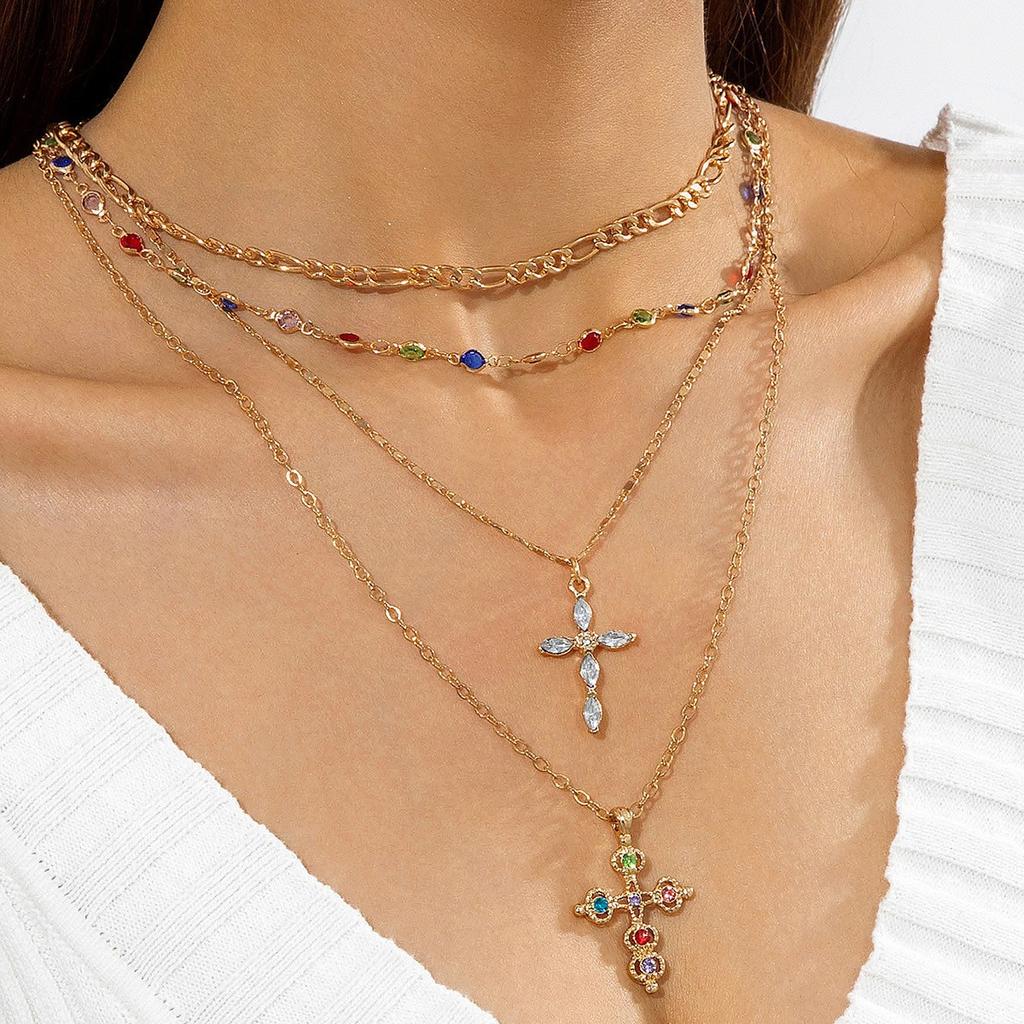 Élégant collier perle imitation femme, croix strass colorés multicouche avec collier en forme de Y