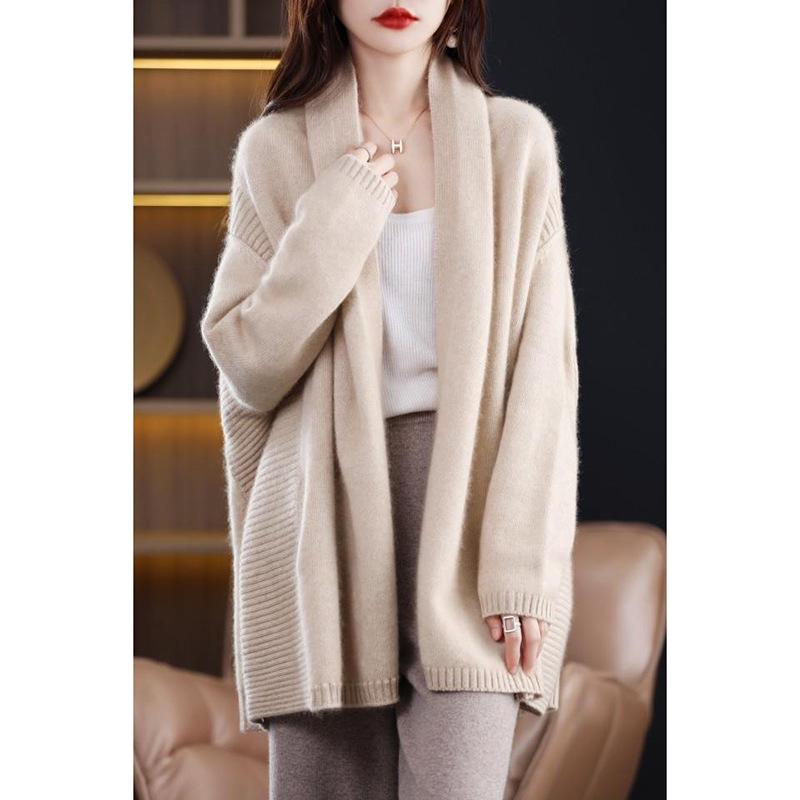Women's Stylish Mid-Length Knitted Wool Cardigan - Cozy Autumn/Winter Shawl Sweater, Relaxed Fit