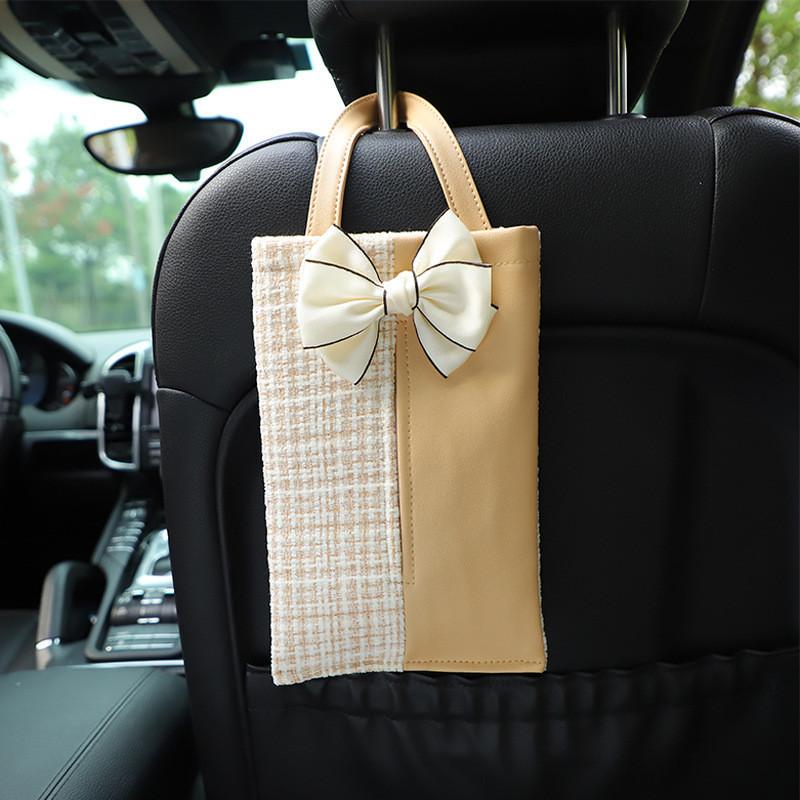 High Quality Plush Bow Car Tissue Holder Elegant Seat Back Hanging Bag Tissue