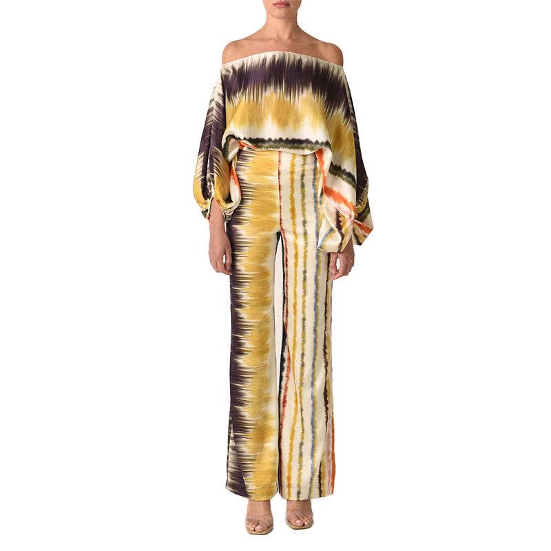 European & American Women's Print Top & Wide-Leg Pants Set with Batwing Sleeves