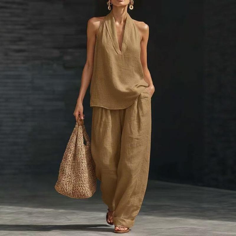 Completo Due Pezzi Estivo da Donna Senza Maniche con Spalle Cadenti Ampio, Pantaloni a Gamba Larga Casual, Outfit alla Moda