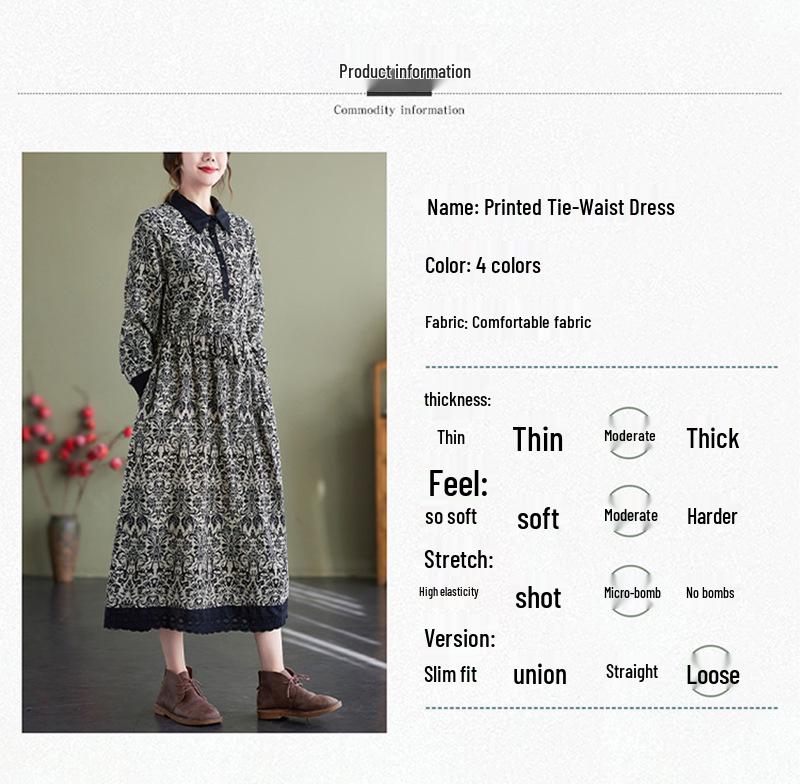 Autumn Literary Print Dress: Long-Sleeved, Cotton-Linen, Loose Fit, Extended Style with Shirt Collar