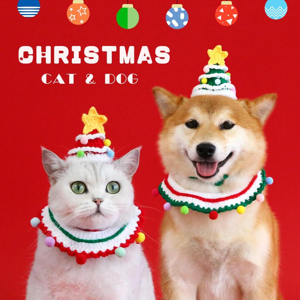 Hand-Crocheted Wool Knit Cat & Dog Christmas Costume Set: Five-Pointed Star Scarf and Hat Accessory