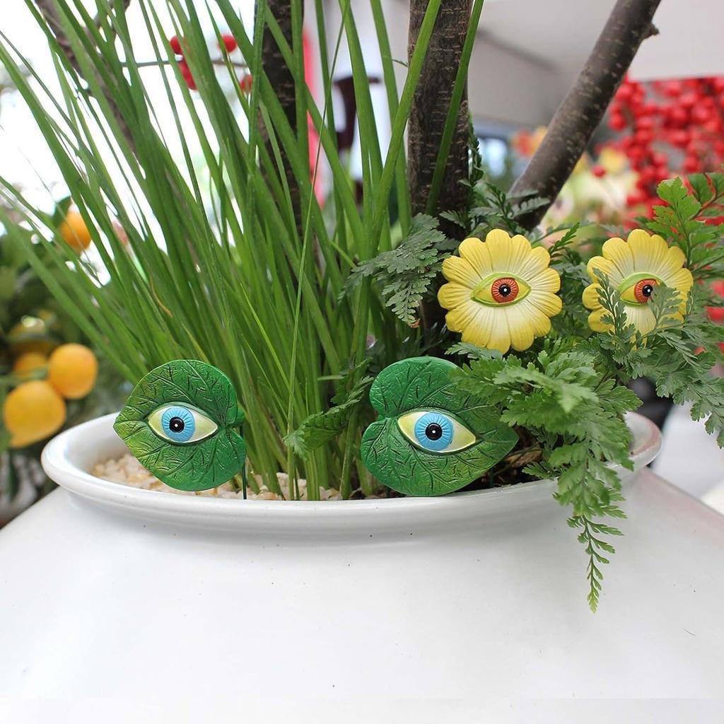 6PCS Resin Plant Eyes Stakes, Rose Sunflower Green Leaves Plant Eyes Garden Stakes Funny Floral Plant Pick Ornaments for Indoor,Outdoor Yard