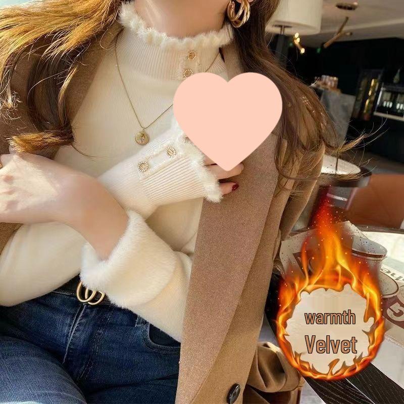 Women's Fleece-Lined Sweater: Thick, Fashionable, Warm Base Layer with Half-High Collar for Autumn/Winter.