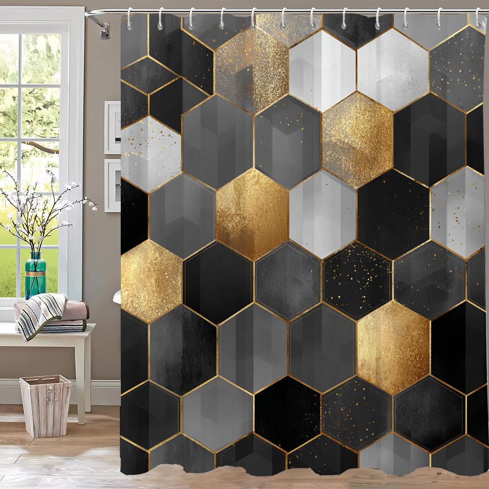1Pc Black And Gold Geometric Print Shower Curtain Partition Privacy Hanging Curtain With 12 Hooks Multiple Size Machine Washable