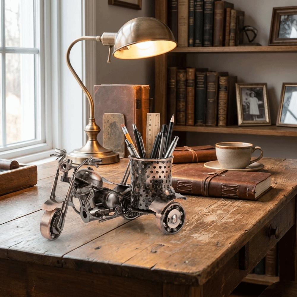 Solid Iron Material Motorcycle Shaped Pen Holder Vintage Desk Organizer Home Study