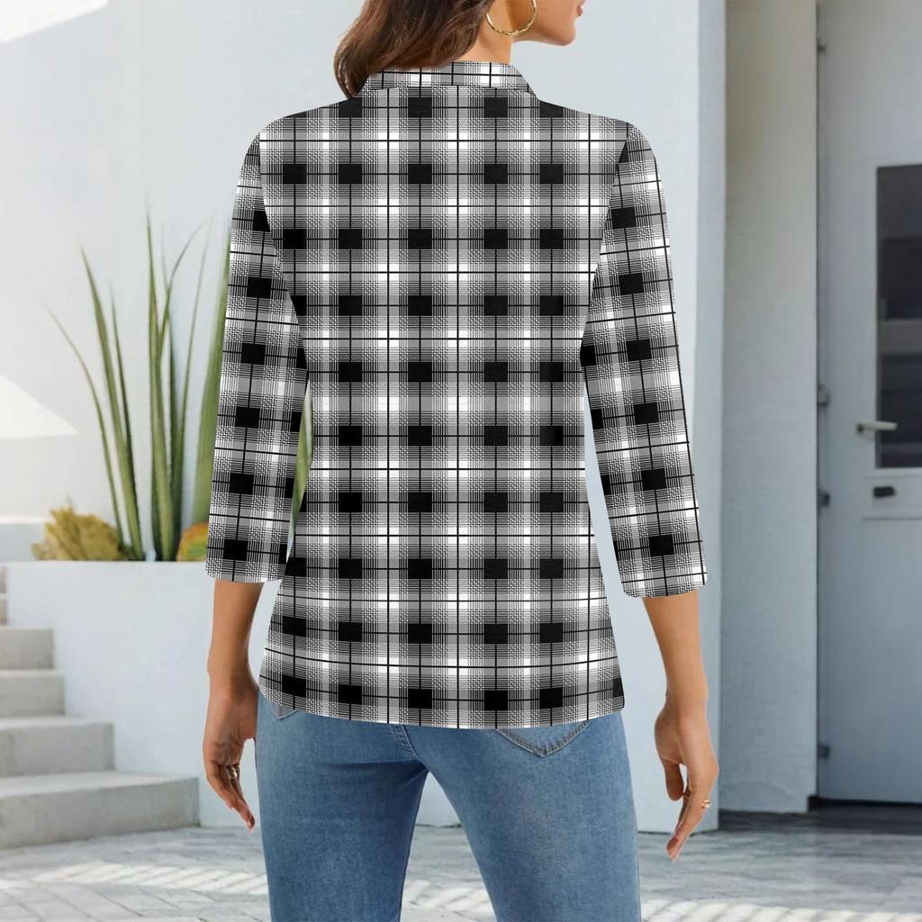 Women's Fashion Casual Lapel Short 3/4 Sleeve Print Shirt Women's Up Tops