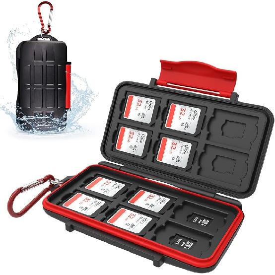 Kiorafoto 12 Slots SD SDHC SDXC Card Holder Case Professional Water-Resistant Anti-Shock Memory Card Storage Protector Wallet with Carabiner for 12 SD + 12 Micro SD