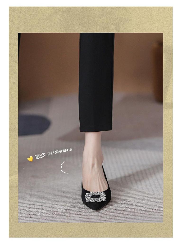 2024 Black Rhinestone Women's Work Shoes - Single, Medium-High Thick Heels, Soft Sole