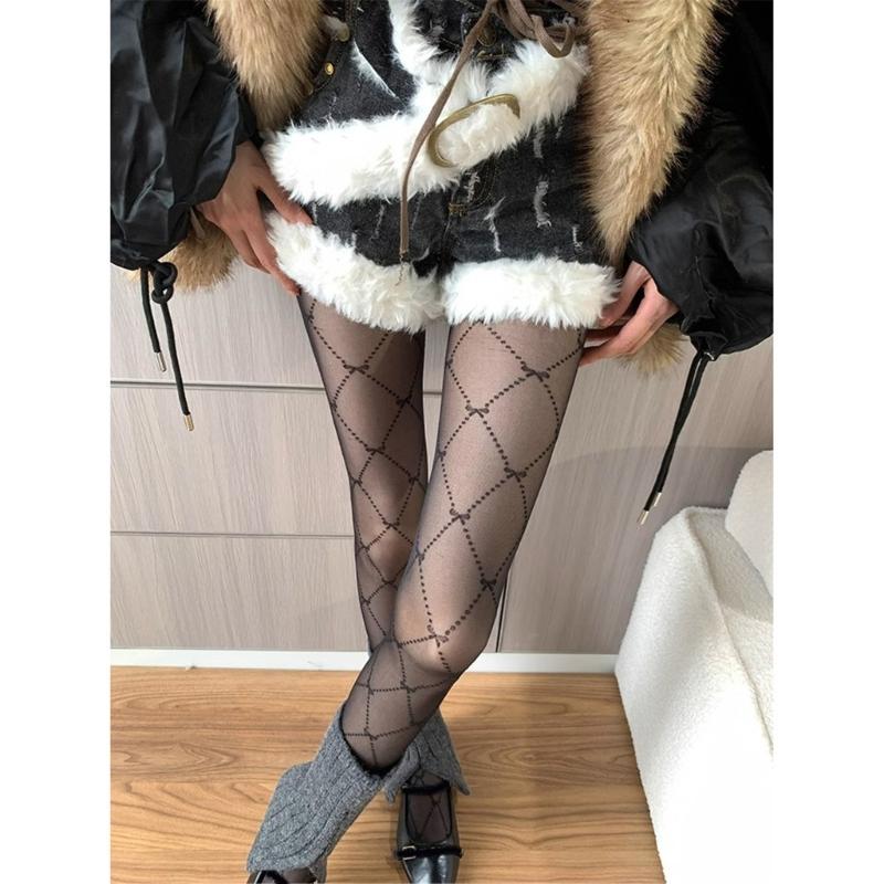 Women Aesthetic Sheer Black Silk Tights Stockings Japanese Style Elegant Argyle Bowknot Pattern Pantyhose Leggings