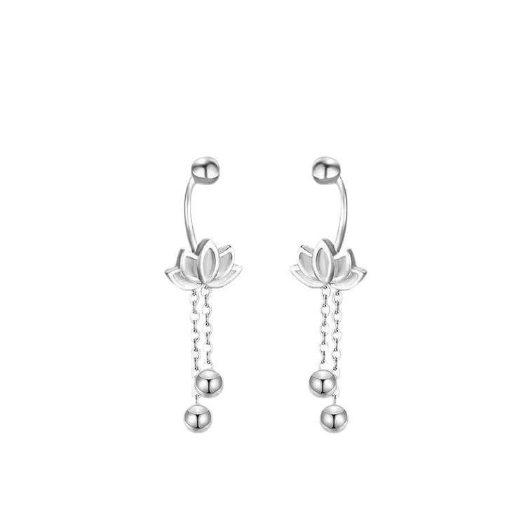 Elegant Versatile Lotus Tassel Earrings with Anti-Drop Studs  Curved Hook - Chinese Style
