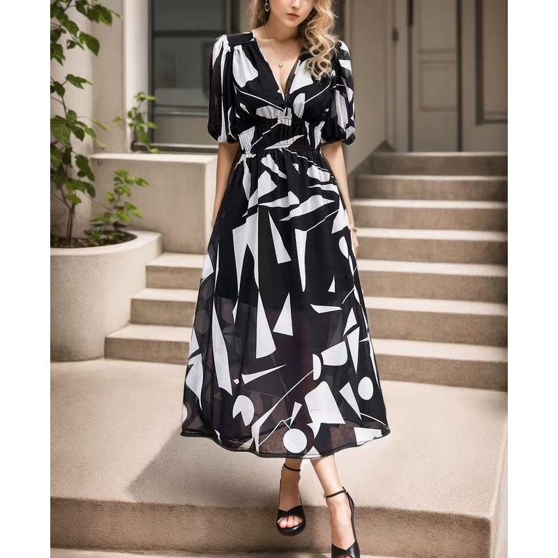 

Fashion Wind New Arrival Elegant Sexy V-neck Printed Waist-Controlled Silm Dress V-Neck Printed Dress Black XL