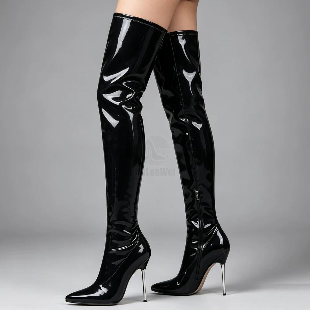 Botas de coxa alta sexy fetiche botas longas 12cm salto alto extremo sobre o joelho brilhante fosco patente couro do plutônio botas femininas