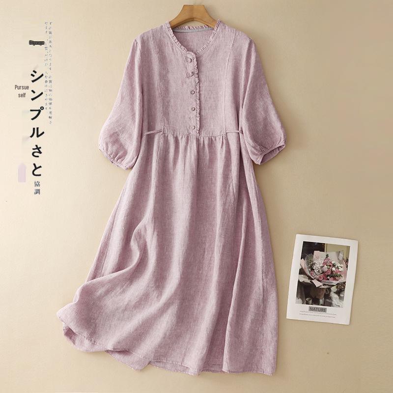 2026 Spring/Summer Artistic Retro Cotton Linen 3/4 Sleeve Long Dress XL розовый