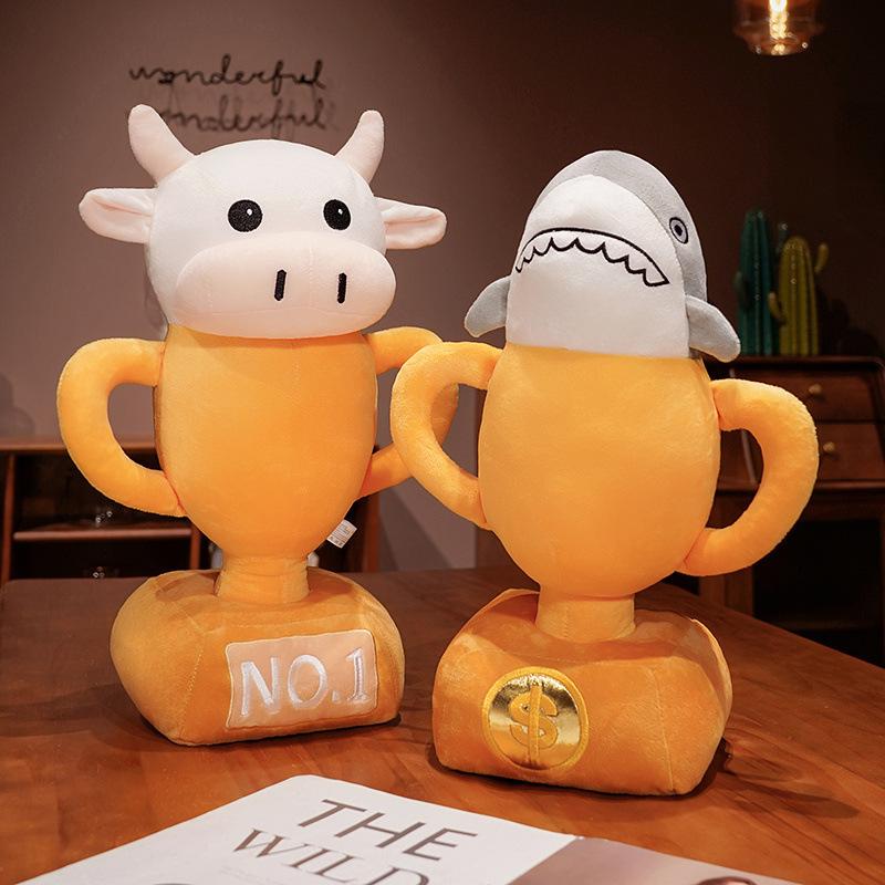 Creative Trophy Sand Carving Cow Cup Doll Plush Toy Shark Cup Doll Cow Beer Trophy Pillow Gift Company Award