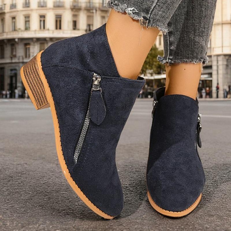 Höst och Vinter Nya Damstövlar Europeiska Rund Tå Mocka Sidodragkedja Enkla Enkla Skor